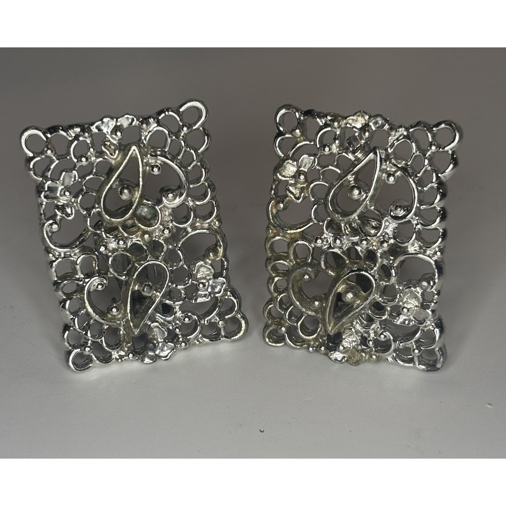 Vintage Emmons Signed Large Lacey Filigree Silvertone Rectangle Clip On Earrings